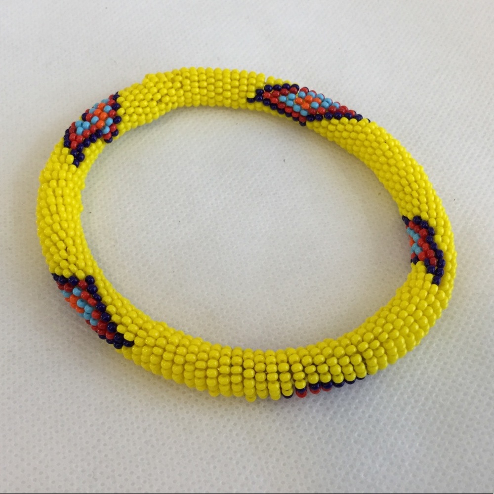 Beaded Bangle Bracelet Aztec Theme Yellow